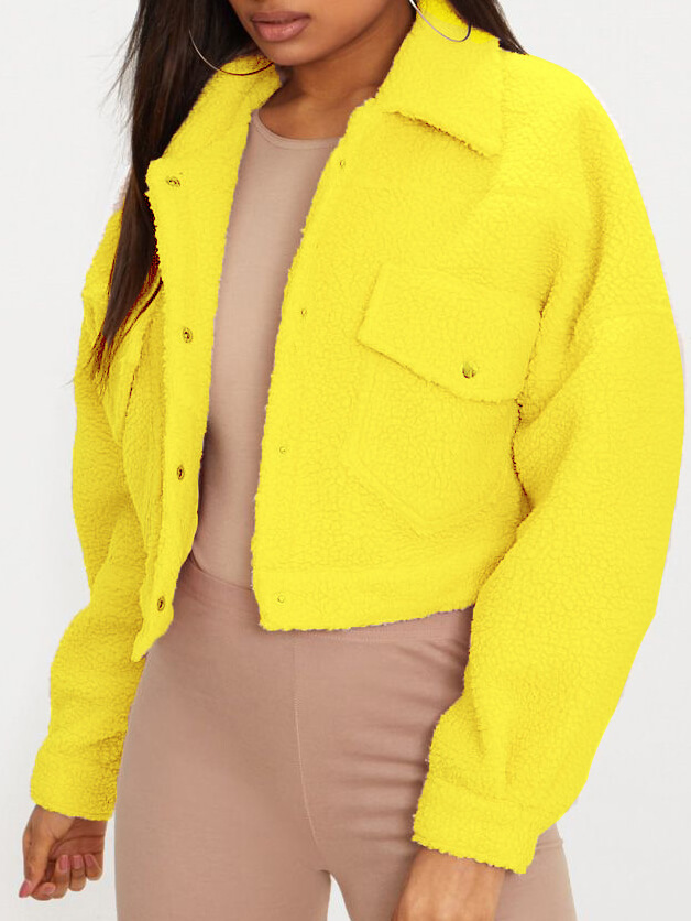 

Lovely Casual Turndown Collar Pocket Patched Yellow Faux Fur