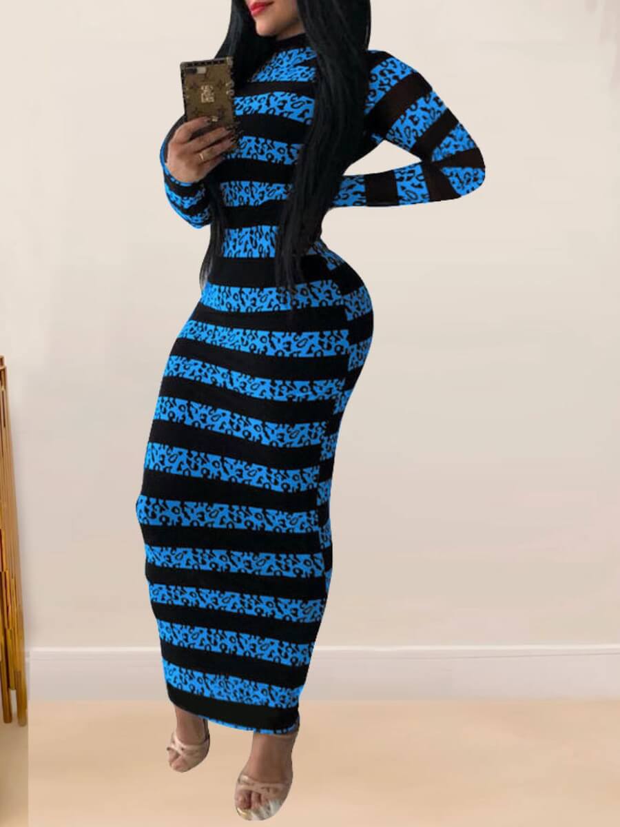 

Lovely Trendy Striped Skinny Blue Ankle Length Dress