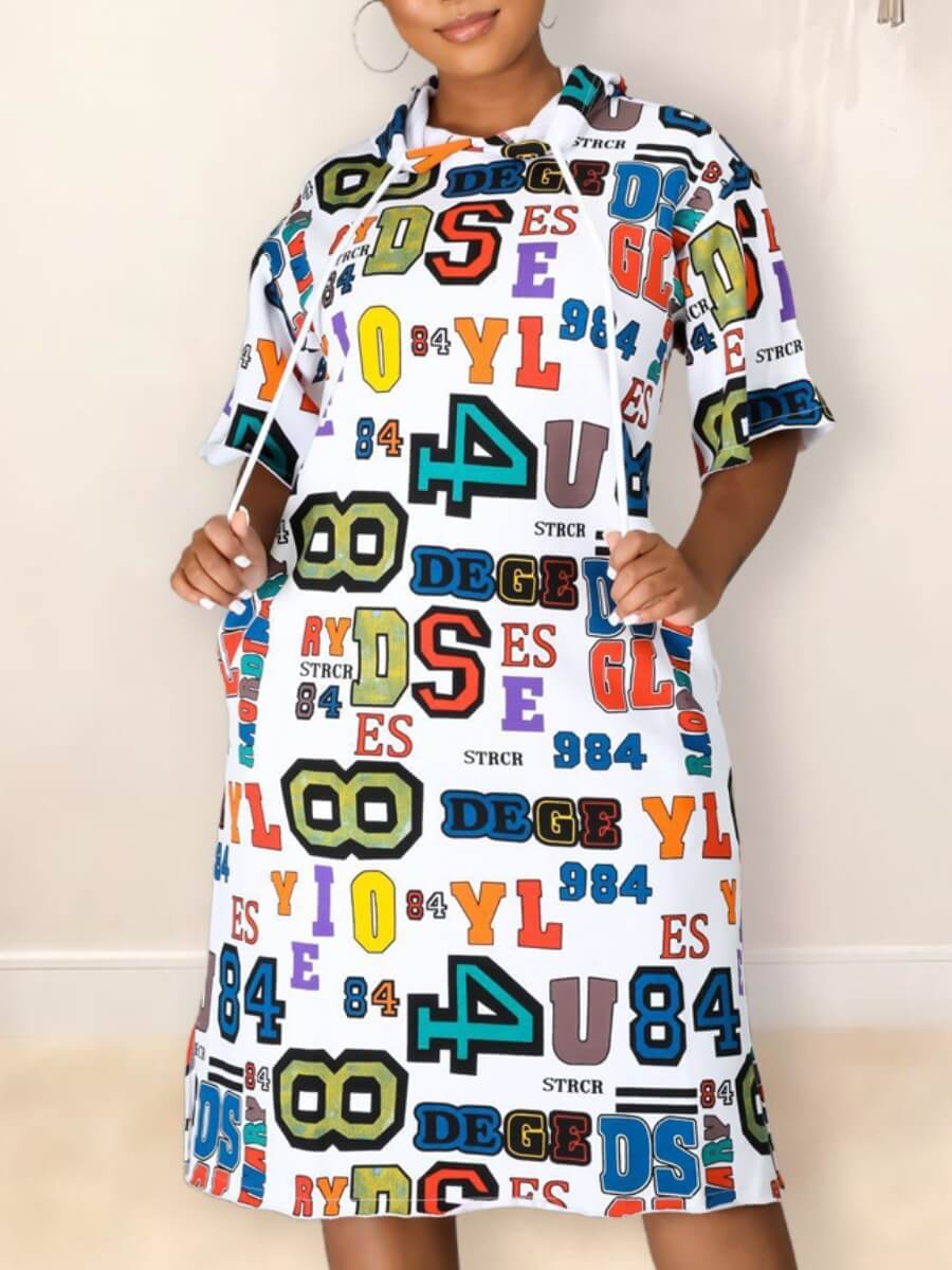 

Lovely Street Hooded Collar Letter Print White Knee Length Dress