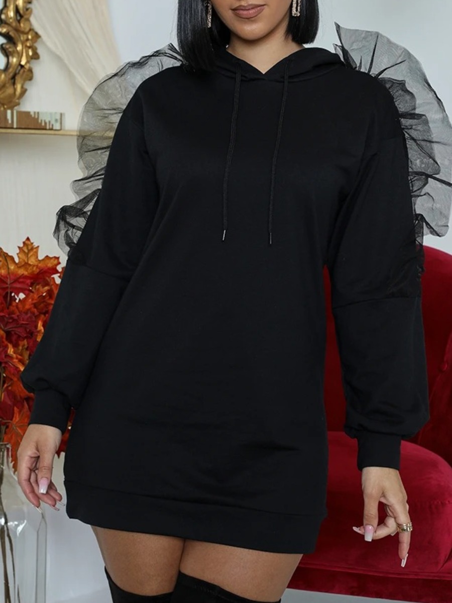 

lovely Trendy Hooded Collar Patchwork Black Mini Dress