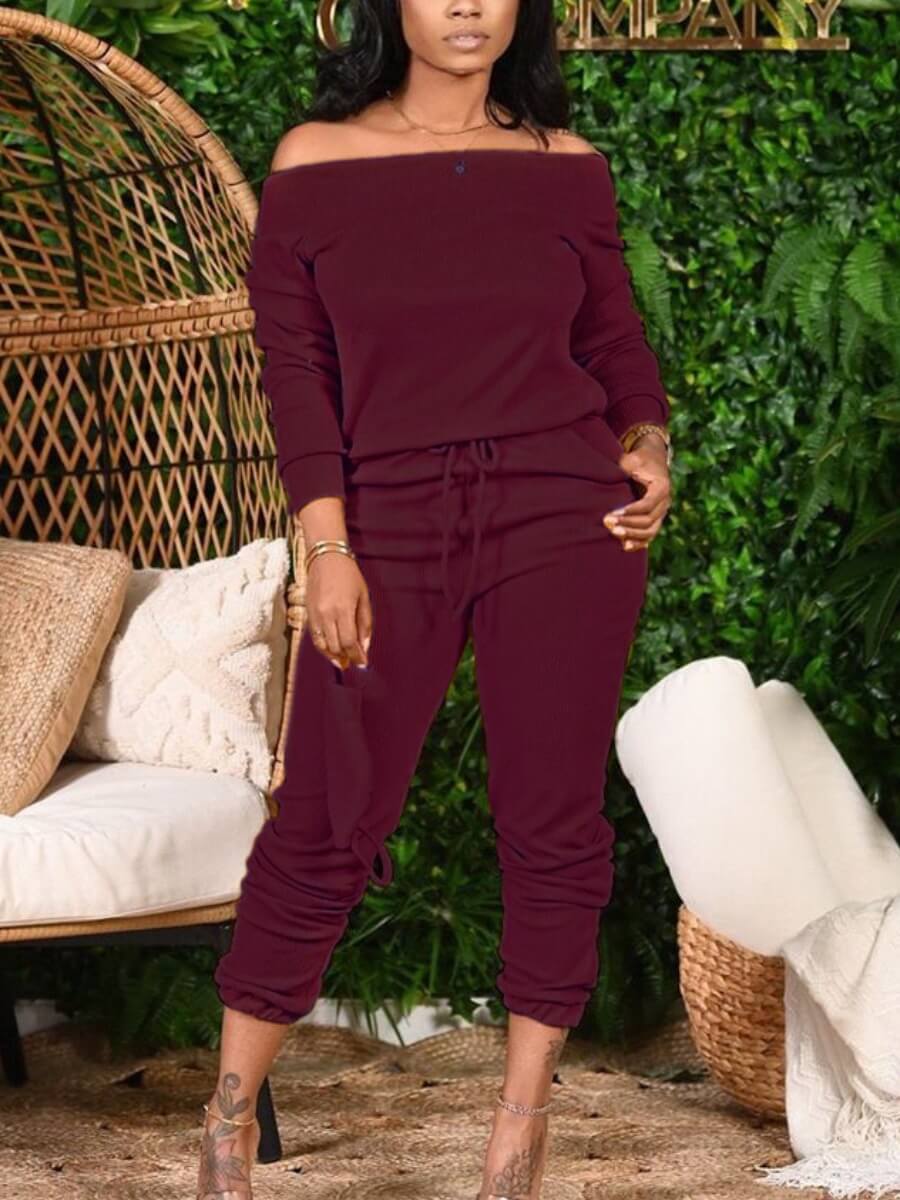 

LW Plus Size Off The Shoulder Lace-up Pants Set, Wine red