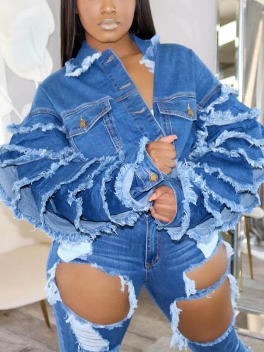 

Lovely Street Turndown Collar Patchwork Blue Denim Jacket