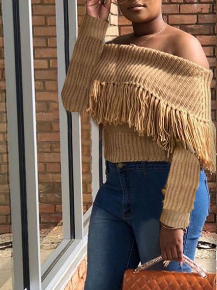 

lovely Trendy Dew Shoulder Tassel Design Light Tan Hoodie
