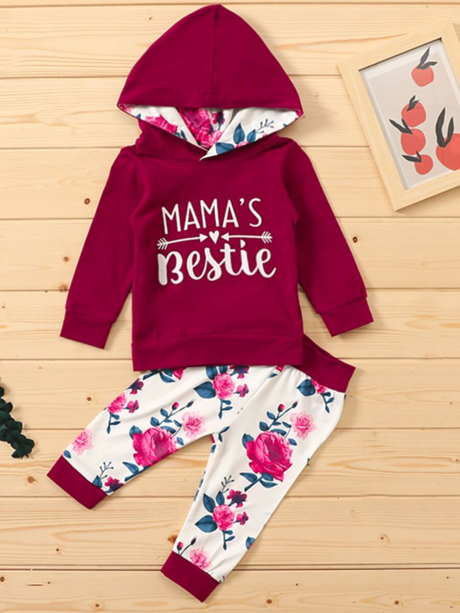 

Lovely Casual Hooded Collar Letter Print Wine Red Girl Two-piece Pants Set