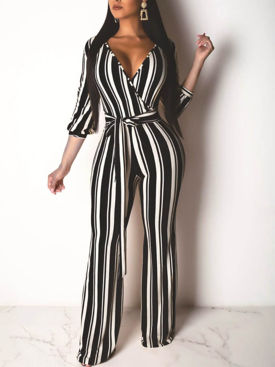 

Lovely Trendy Deep V Neck Striped Black One-piece Jumpsuit