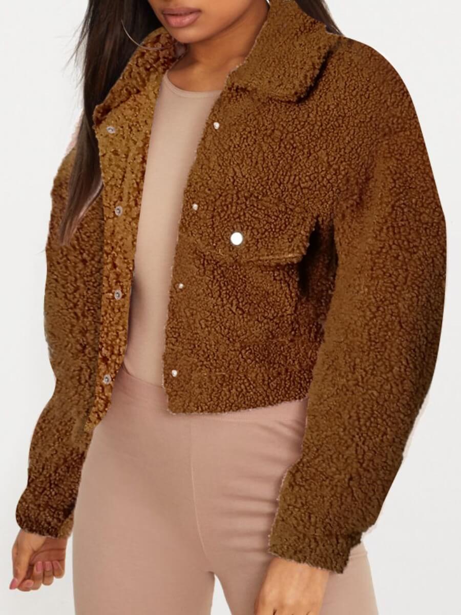 

Lovely Casual Turndown Collar Pocket Patched Khaki Faux Fur