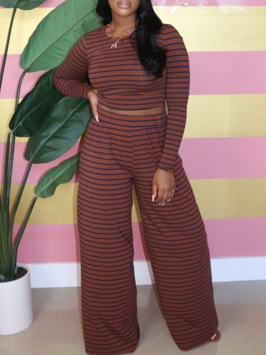 

Lovely Casual O Neck Striped Coffee Two Piece Pants Set