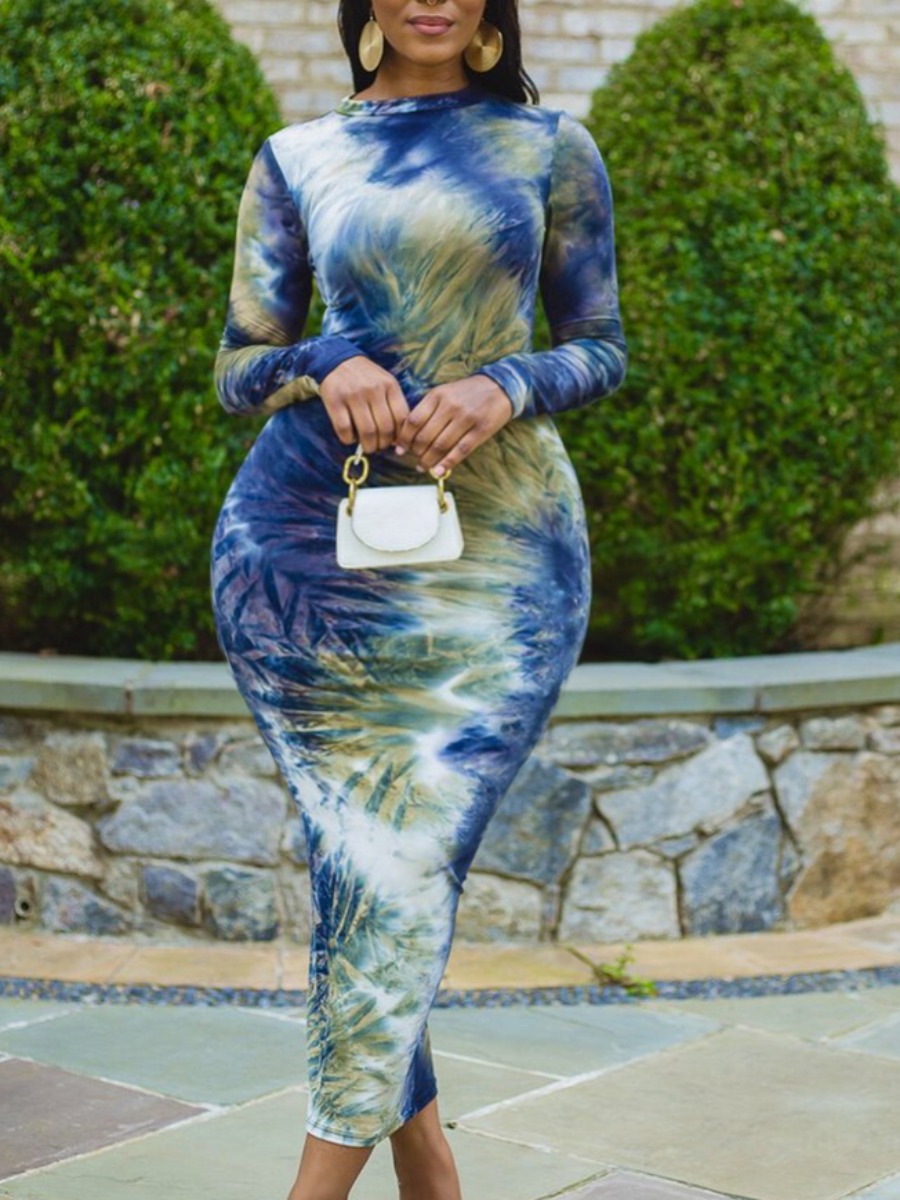 

Lovely Trendy O Neck Tie-dye Green Ankle Length Plus Size Dress