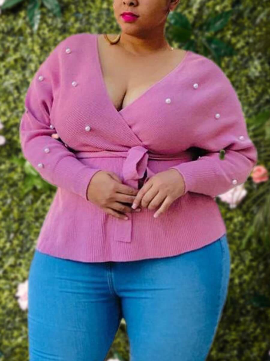 

Lovely Casual V Neck Pearl Decorative Pink Plus Size Sweater