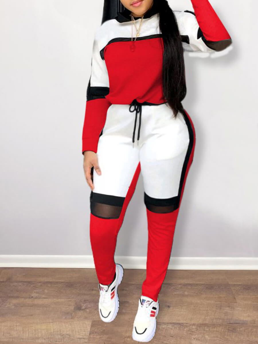 

LW Sportswear Hooded Collar Patchwork Red Two-piece Pants Set