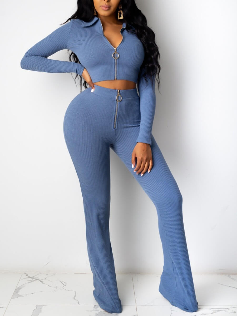 

Lovely Trendy Turndown Collar Zipper Design Blue Two Piece Pants Set