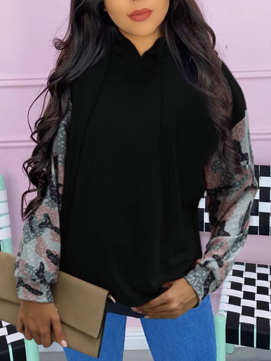 

Lovely Trendy Hooded Collar Print Patchwork Black Hoodie