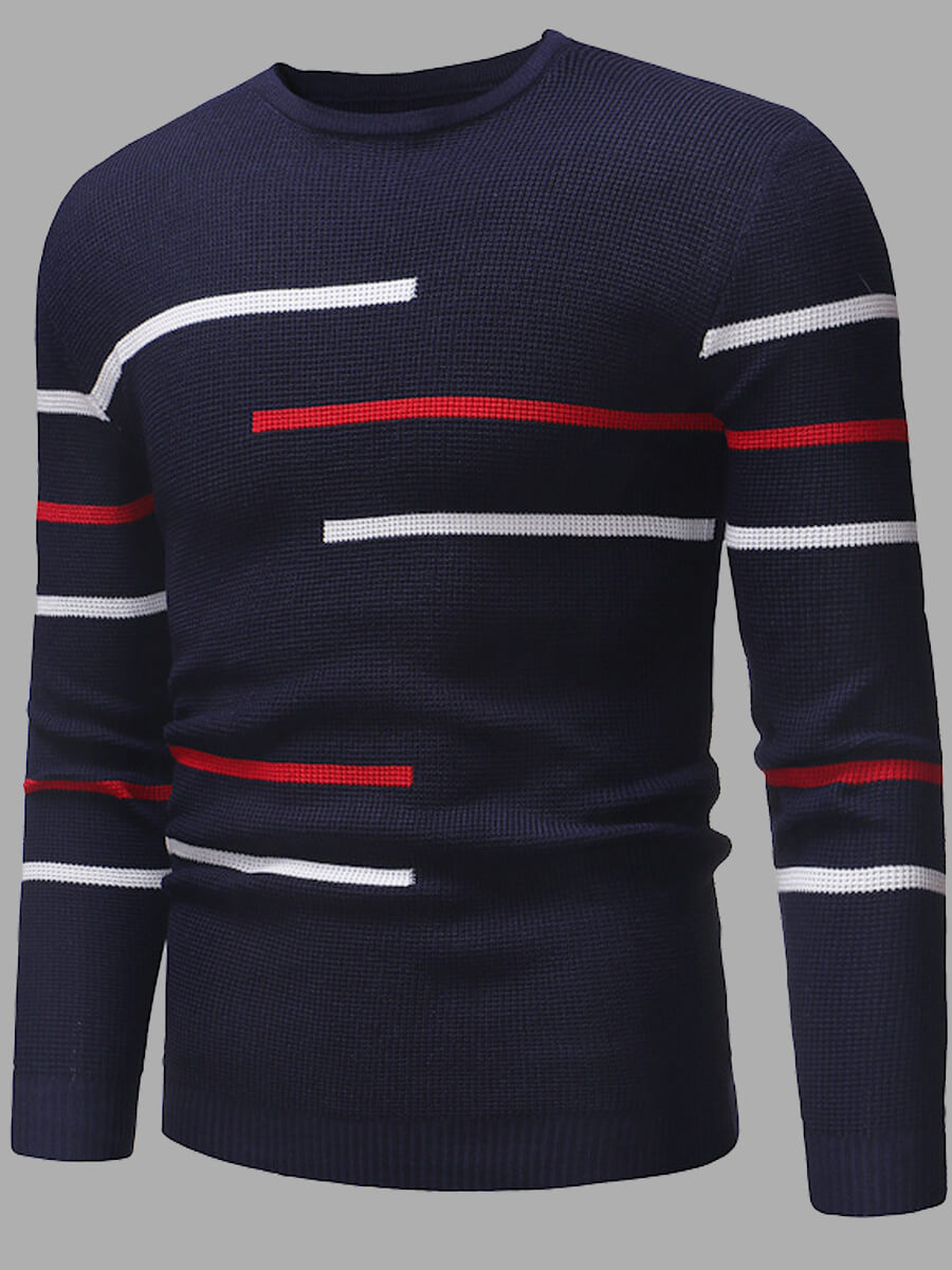 

Lovely Men Stylish O Neck Striped Navy Blue Sweater