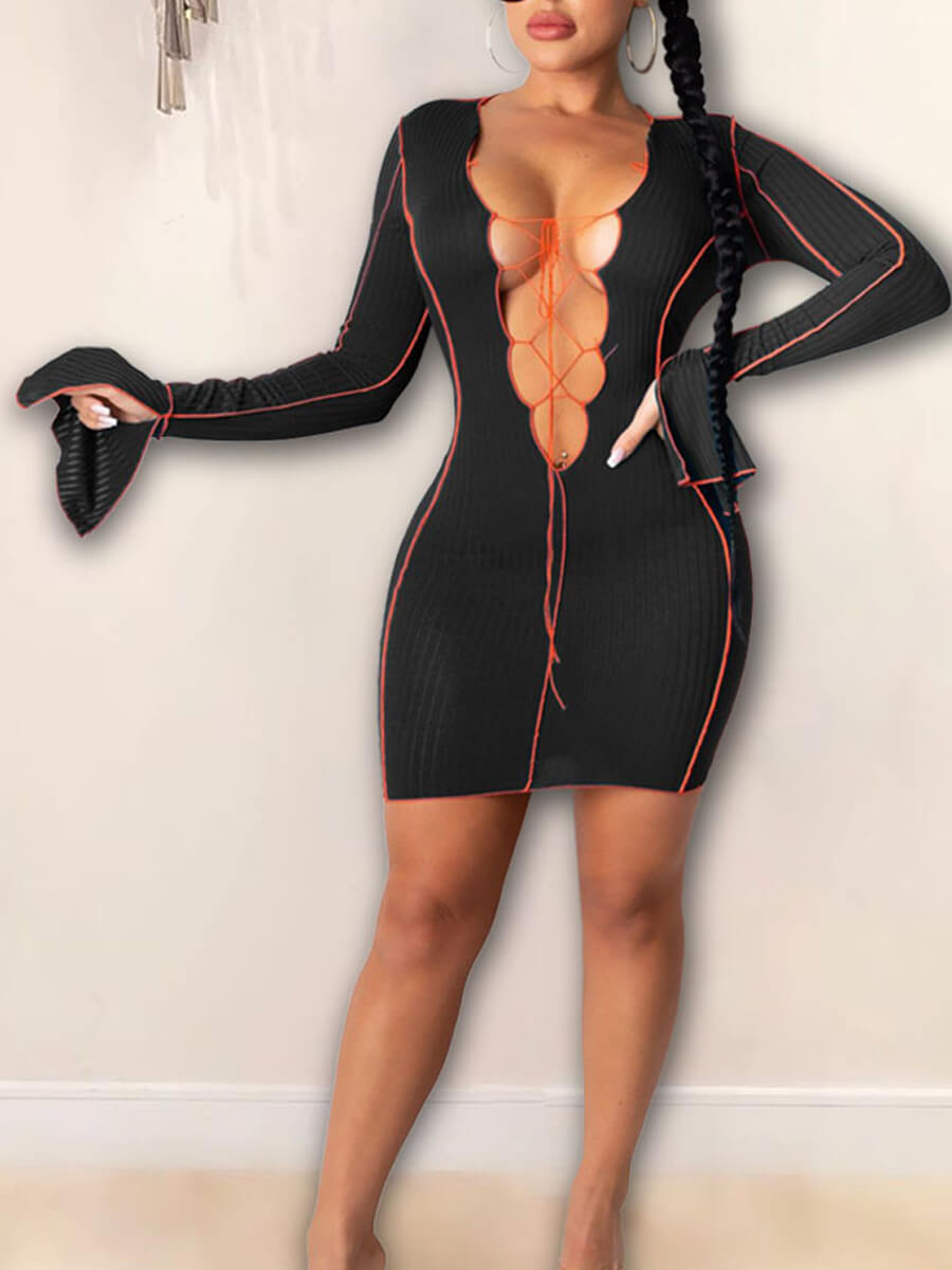 

Lovely Sexy Deep V Neck Bandage Design Patchwork Black Mini Dress