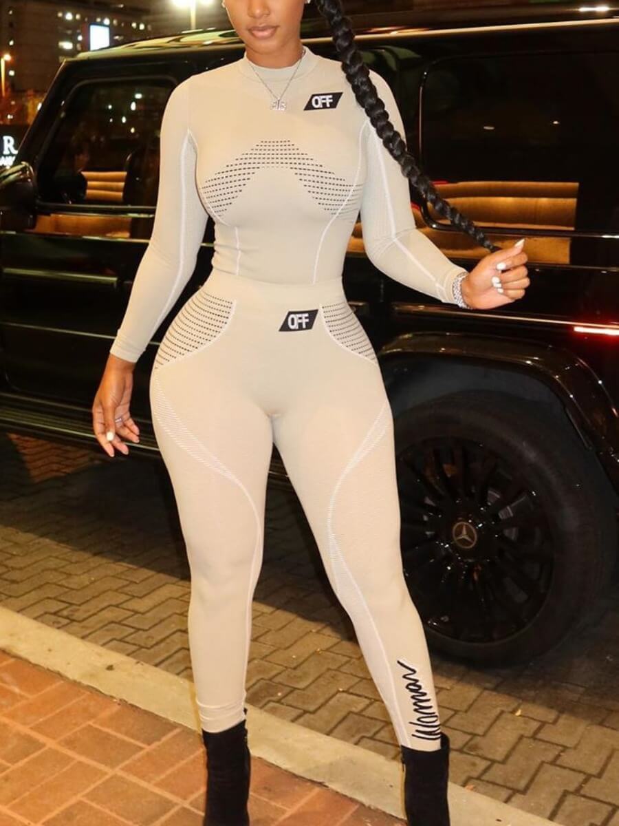 

LW Sportswear O Neck Print Patchwork Light Grey Two Piece Pants Set