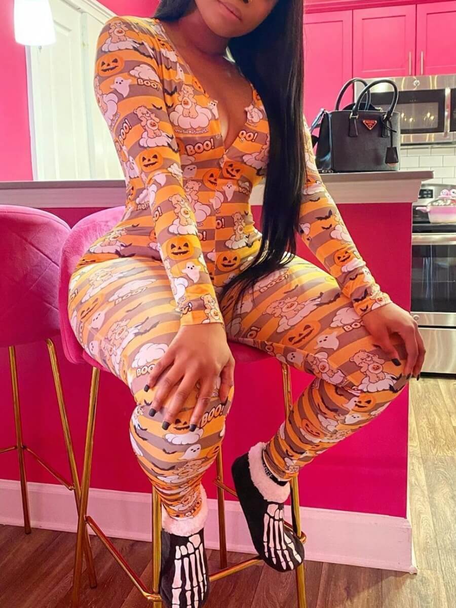 

Lovely Sexy Deep V Neck Print Skinny Orange One-piece Jumpsuit