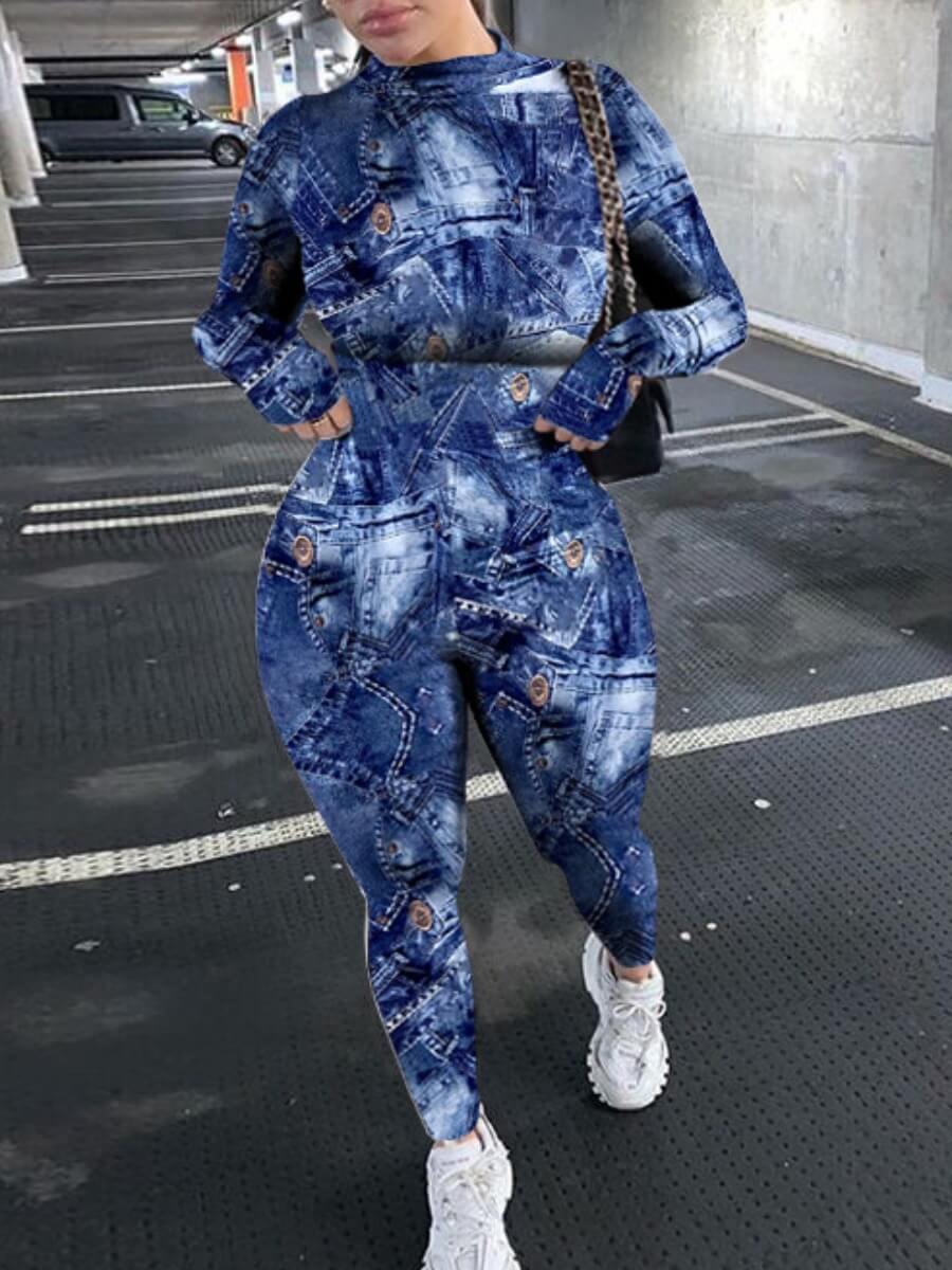

Lovely Stylish O Neck Print Skinny Blue One-piece Jumpsuit