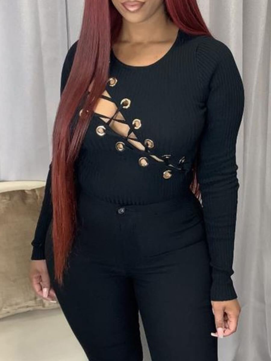 

Lovely Sexy O Neck Bandage Design Black T-shirt