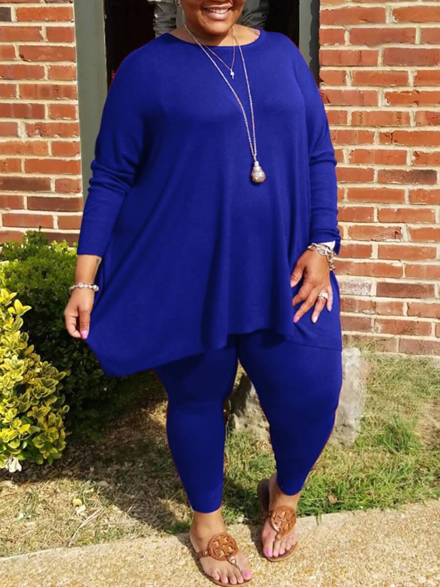 

LW Plus Size Casual O Neck Asymmetrical Blue Two-piece Pants Set