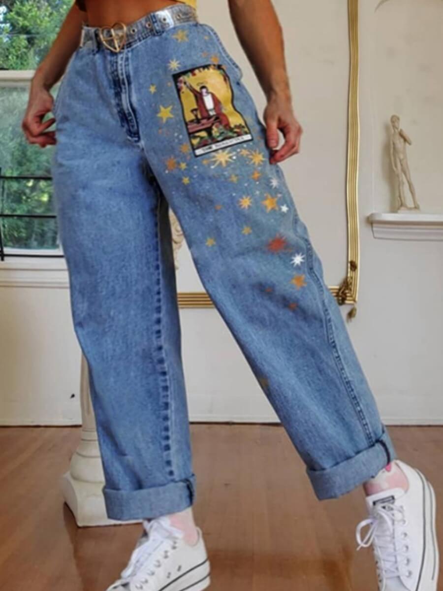 

Lovely Casual Print Loose Blue Jeans