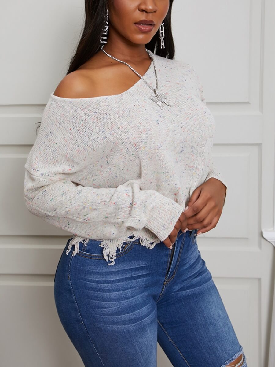 

Lovely Trendy V Neck Asymmetrical White Sweater