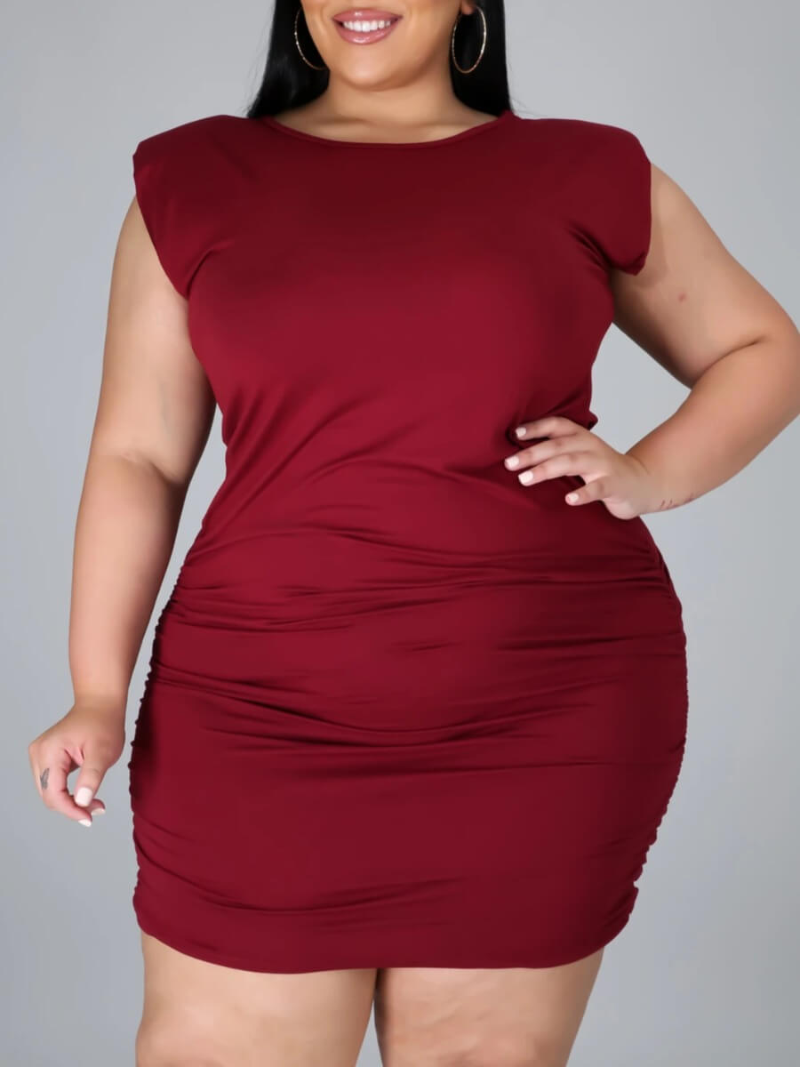 

Lovely Casual O Neck Basic Skinny Wine Red Mini Plus Size Dress