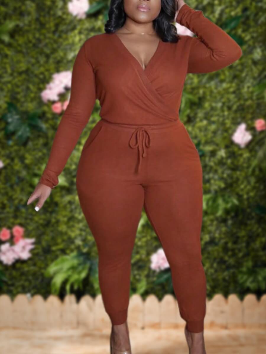 

Lovely Leisure V Neck Lace-up Brown Plus Size One-piece Jumpsuit