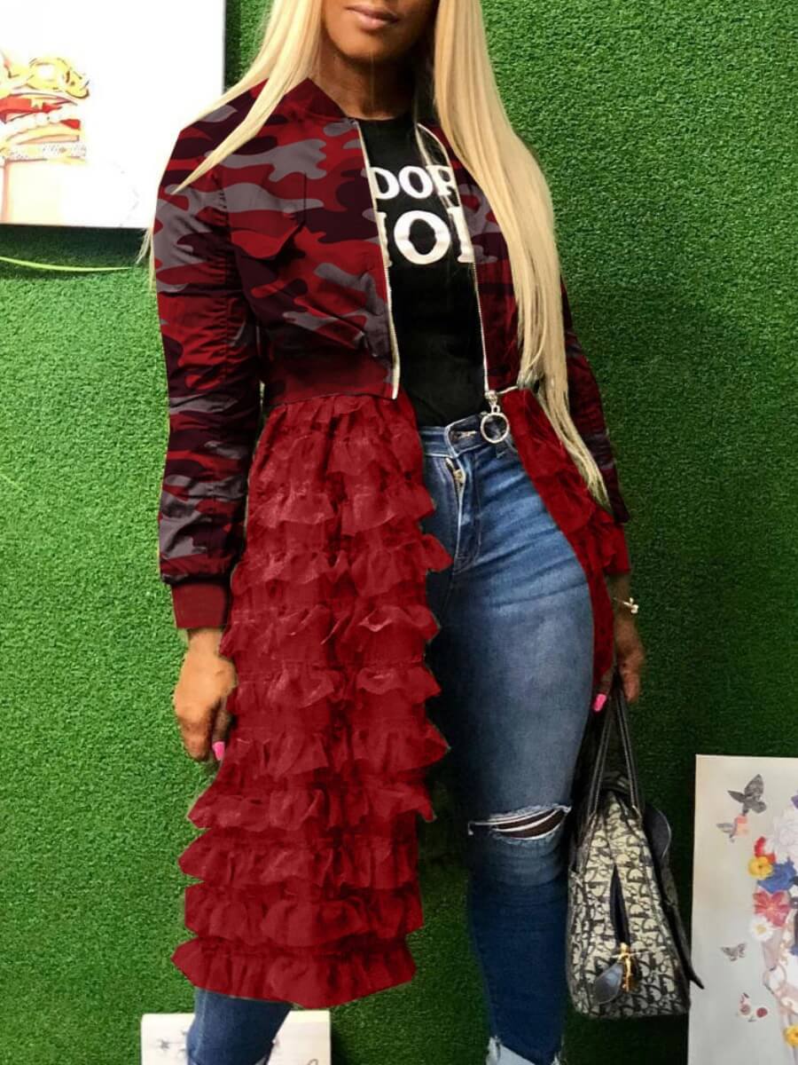 

Lovely Trendy Camo Print Patchwork Red Long Coat