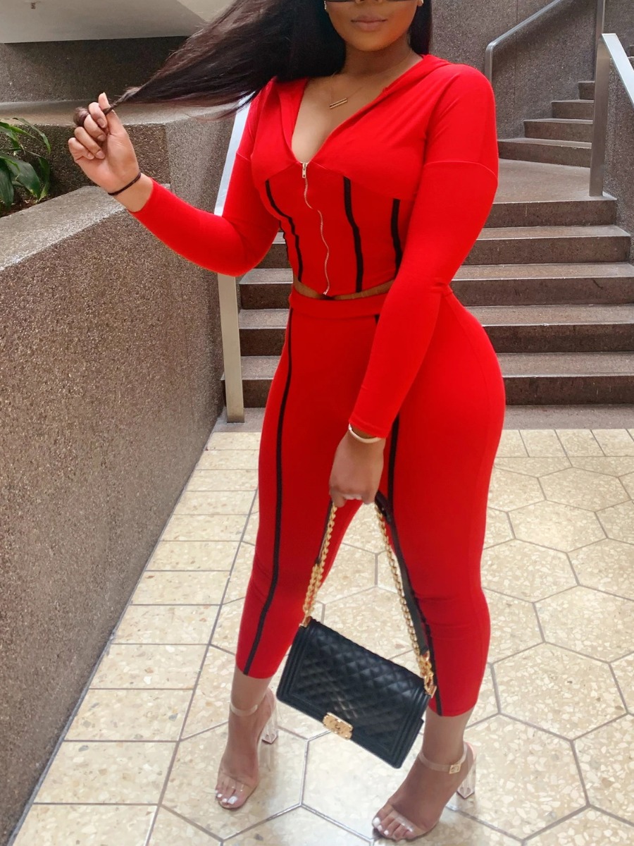 

Lovely Sportswear Hooded Collar Zipper Design Red Two Piece Pants Set