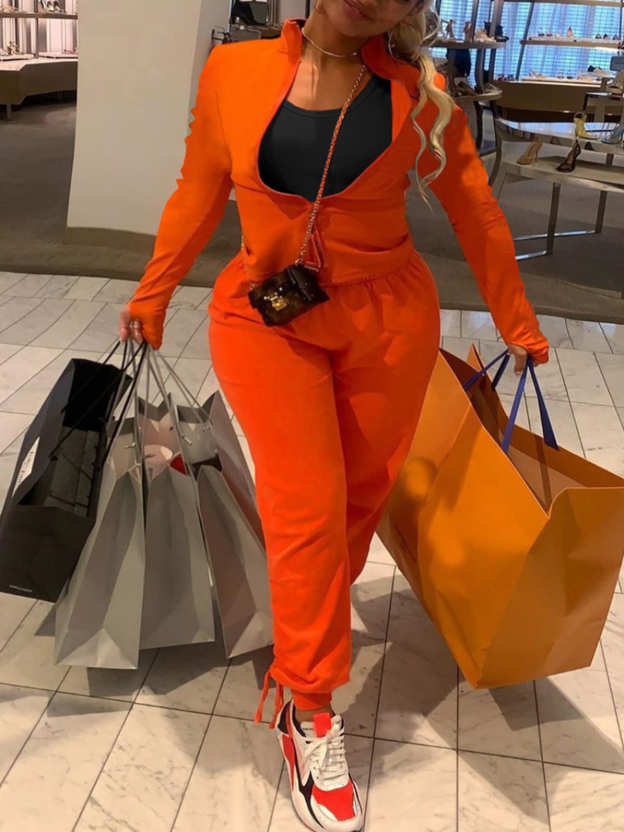 

Lovely Casual Turndown Collar Zipper Design Jacinth Two Piece Pants Set