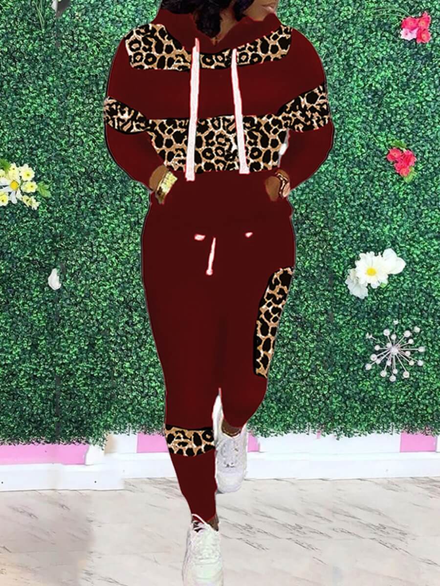 

Lovely Casual Hooded Collar Leopard Print Patchwork Red Two Piece Pants Set