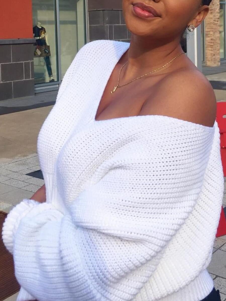 

Lovely Leisure V Neck Loose White Sweater