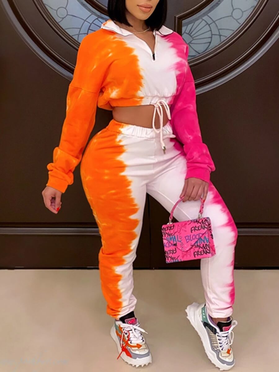 

Lovely Trendy Turndown Collar Tie-dye Croci Plus Size Two-piece Pants Set