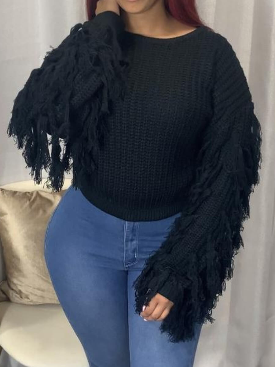 

Lovely Street O Neck Tassel Design Black Sweater