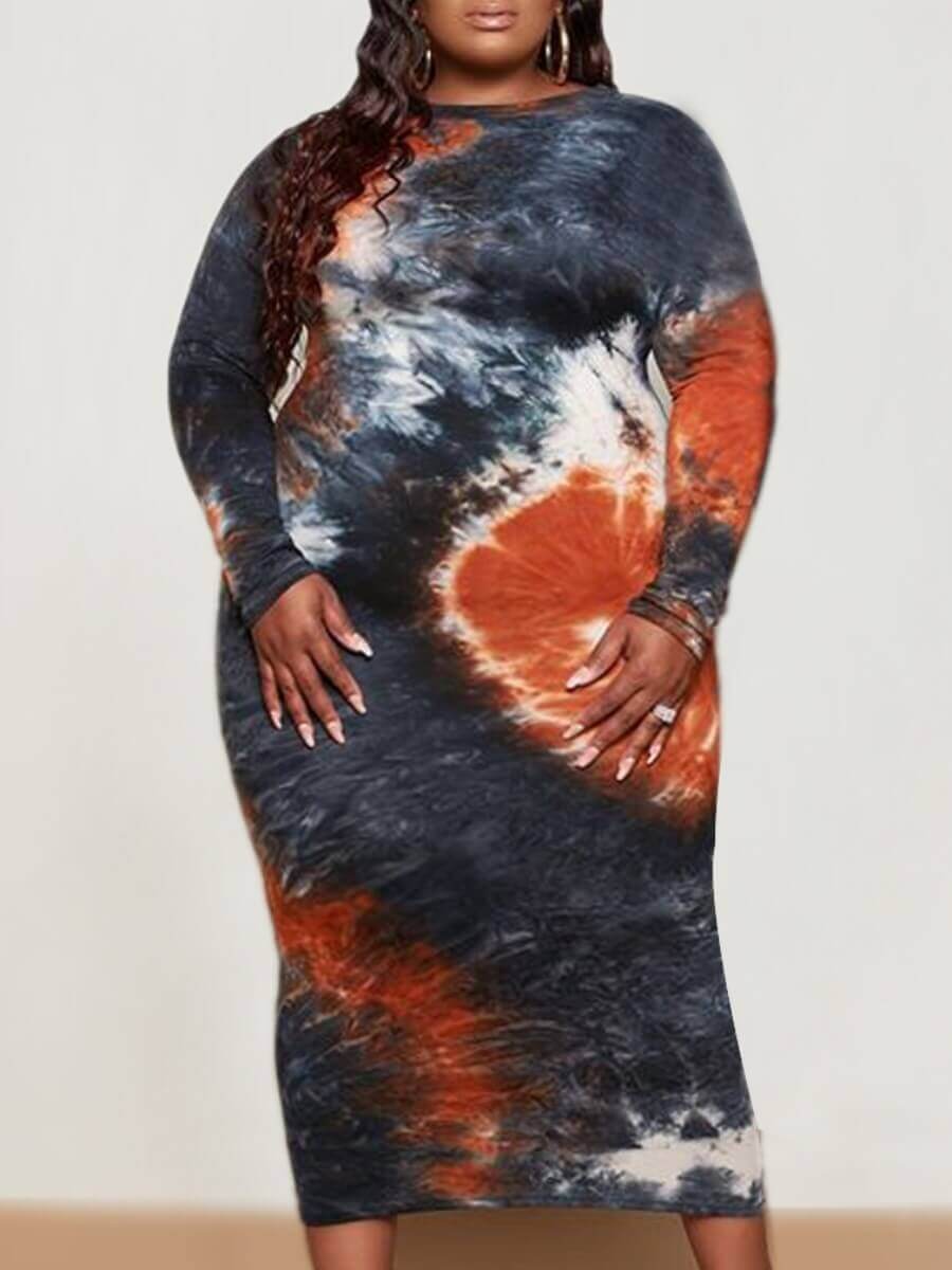 

Lovely Trendy O Neck Tie-dye Dark Grey Mid Calf Plus Size Dress