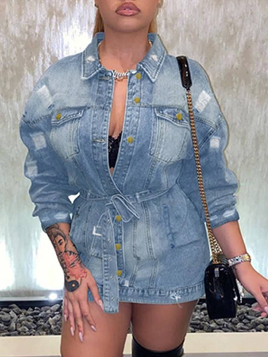 

Lovely Street Turndown Collar Buttons Design Broken Holes Blue Denim Jacket