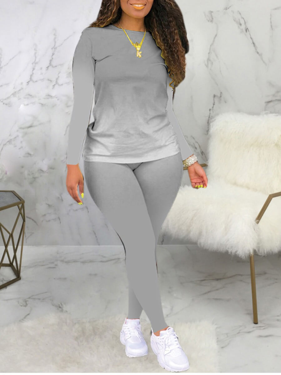 

Lovely Plus Size Casual O Neck Gradient Print Grey Two-piece Pants Set