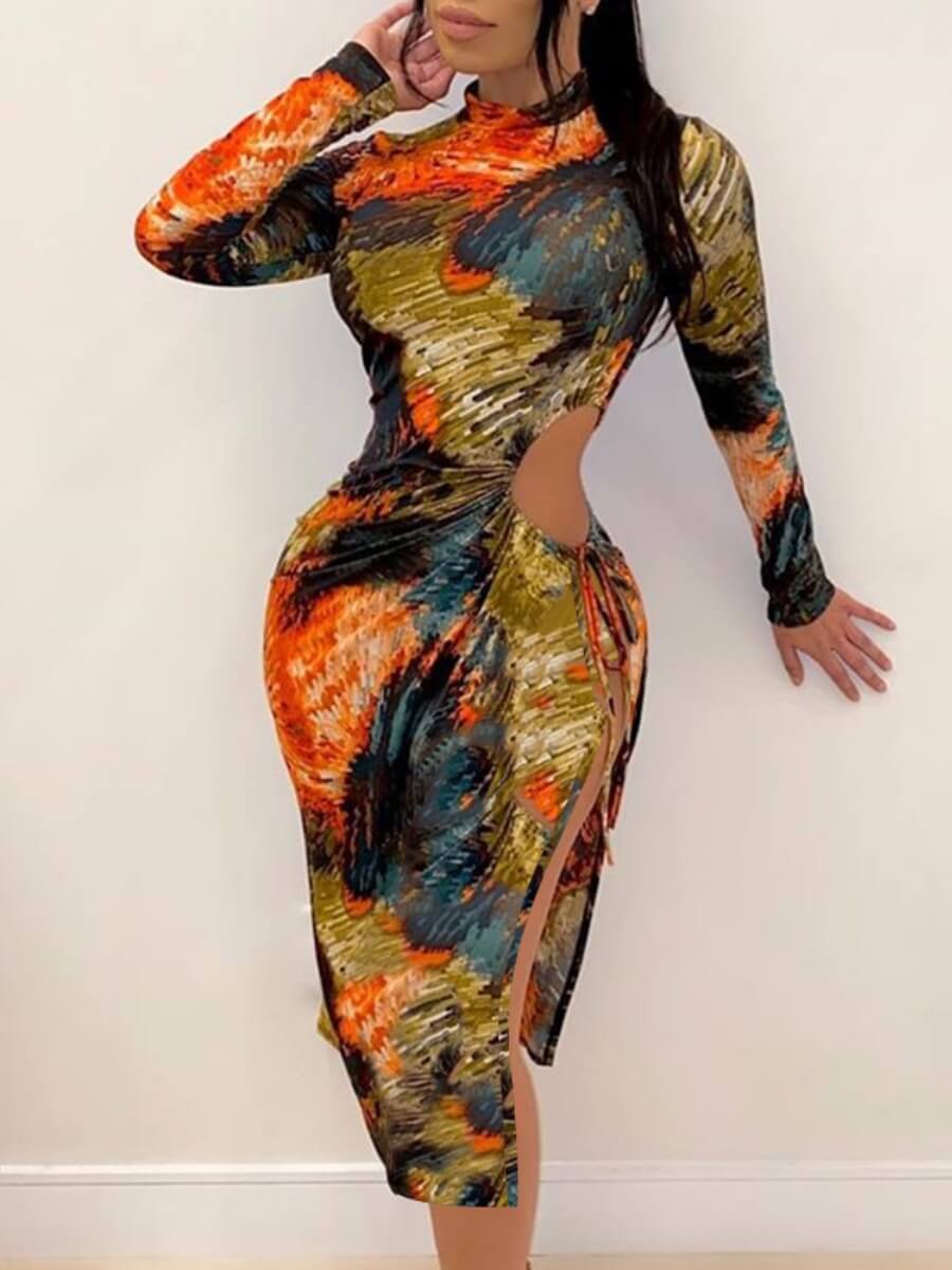 

Lovely Trendy Half A Turtleneck Tie-dye Hollow-out Mid Calf Dress, Orange