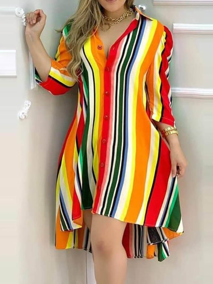 

Lovely Casual Turndown Collar Rainbow Striped Multicolor Knee Length Dress, Multi