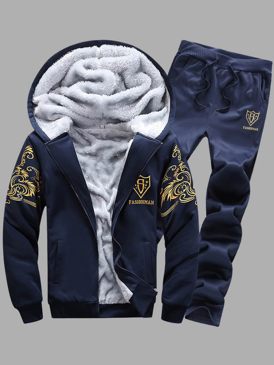 

Lovely Leisure Hooded Collar Print Zipper Design Deep Blue Men Two-piece Pants Set