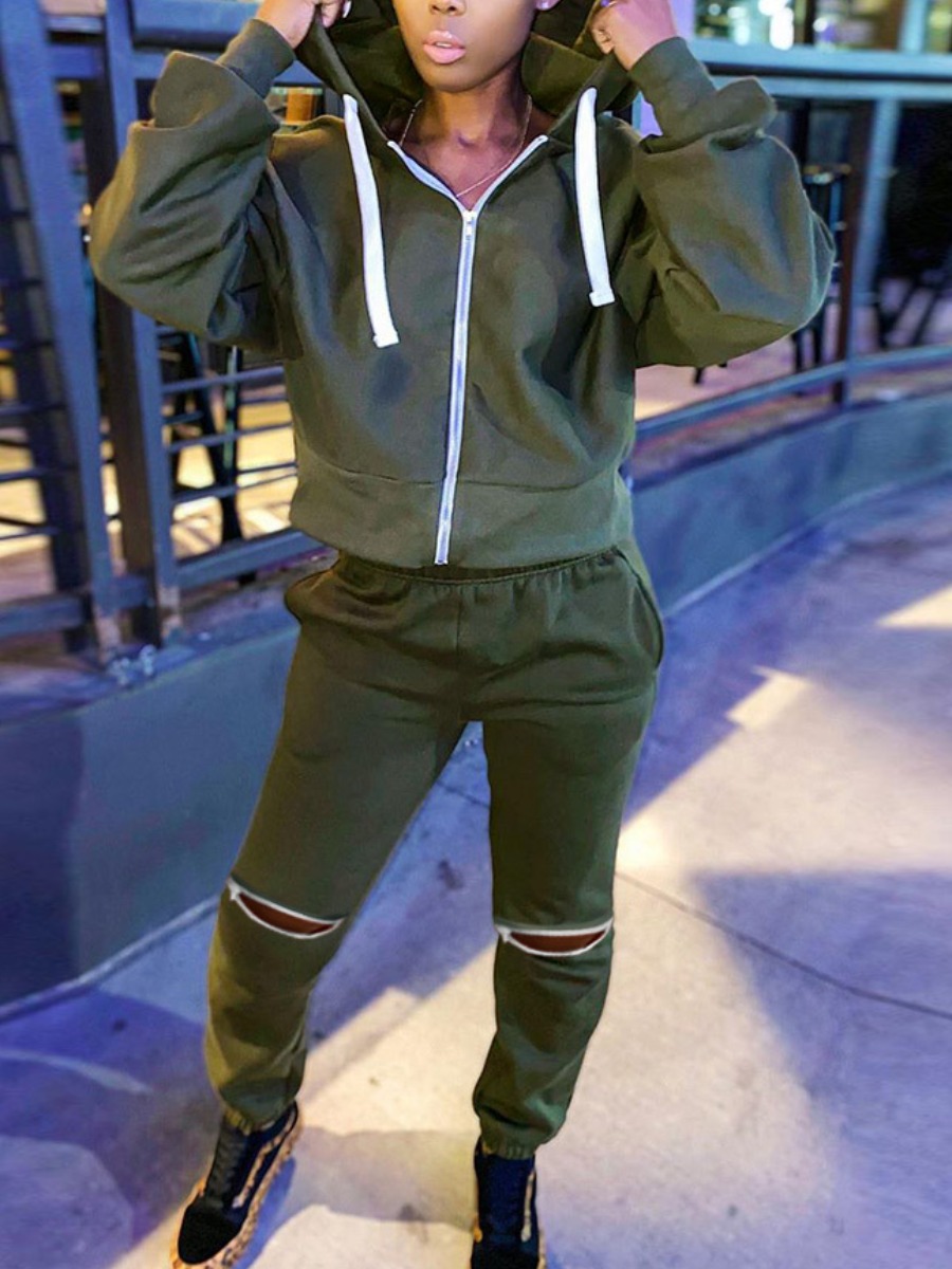 

Lovely Sportswear Hooded Collar Zipper Design Green Two Piece Pants Set