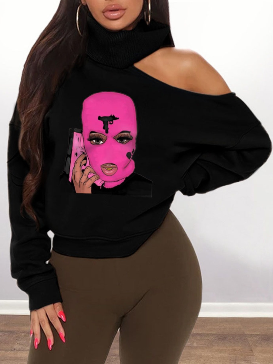 

lovely Leisure Turtleneck Hollow-out Print Black Hoodie