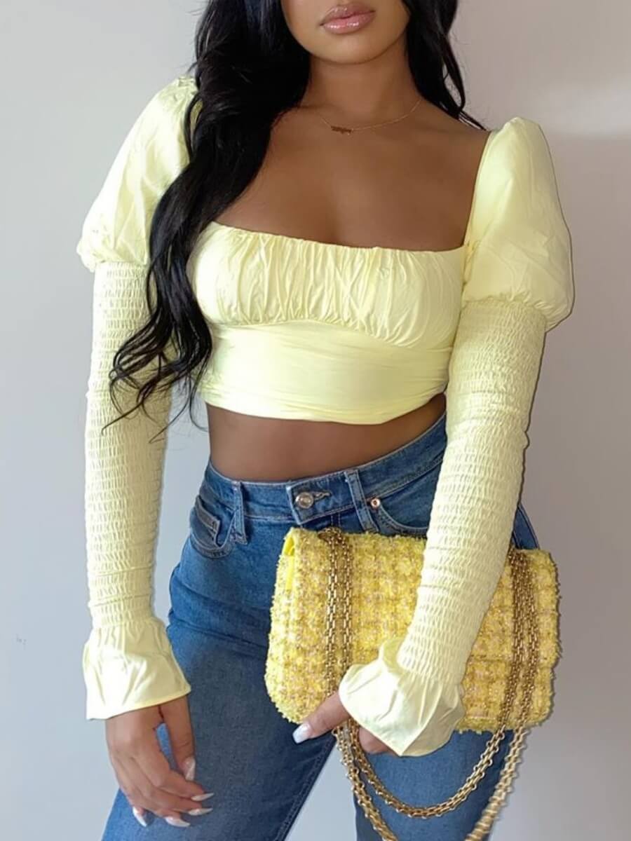 

Lovely Stylish Square Collar Fold Design Yellow Blouse