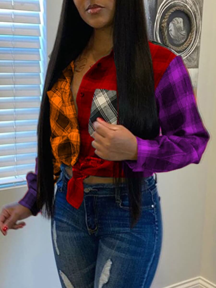 

Lovely Casual Turndown Collar Grid Print Patchwork Red Blouse