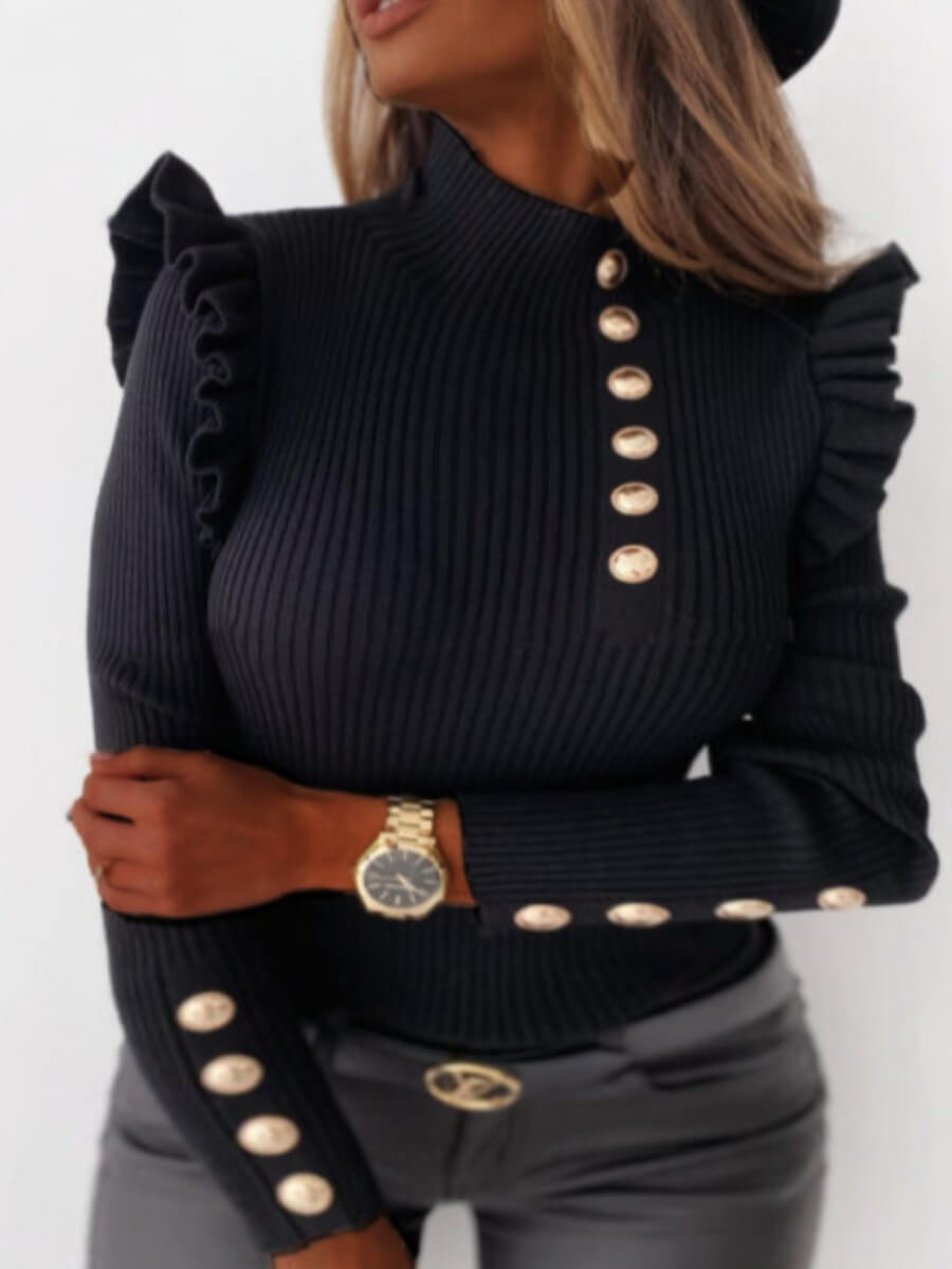 

Lovely Stylish Turtleneck Buttons Design Black Sweater