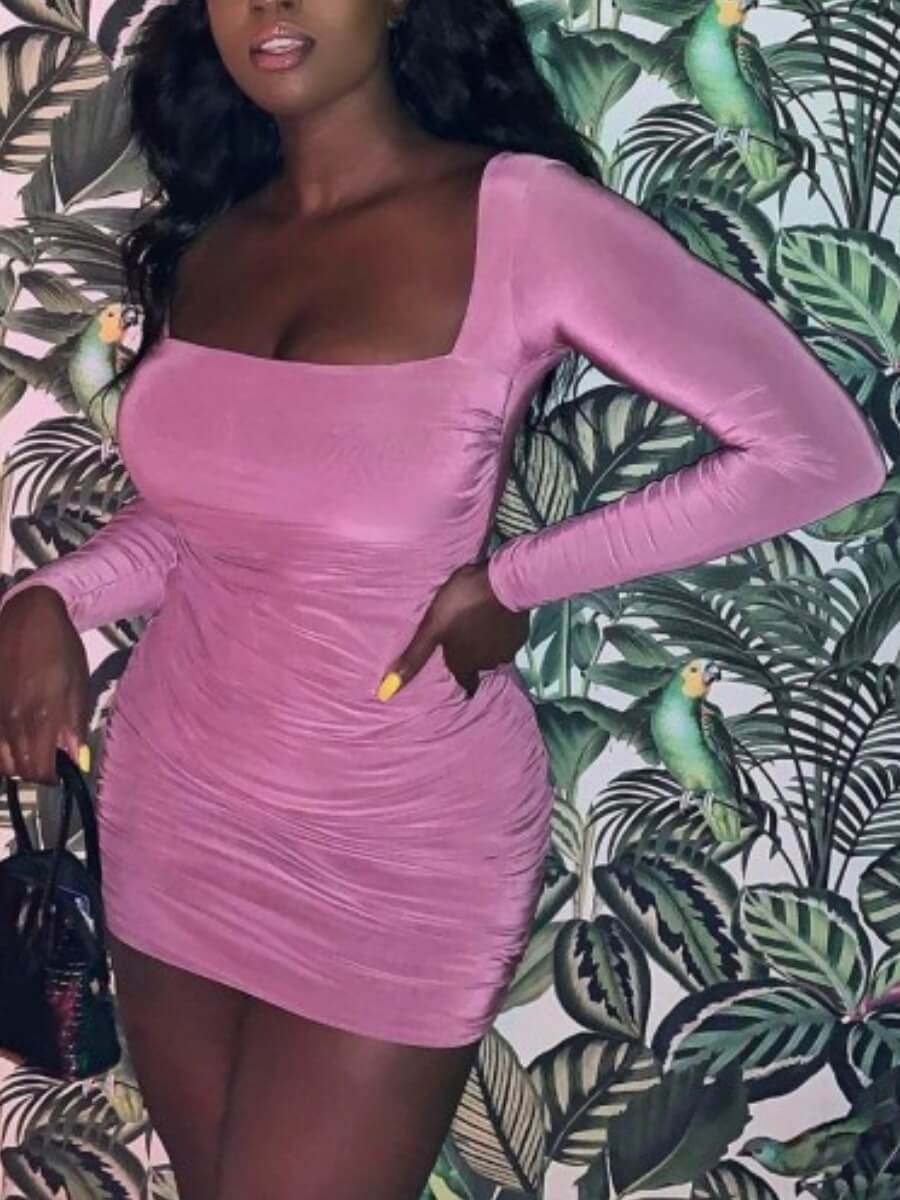

Lovely Sexy Square Collar Fold Design Pink Mini Dress