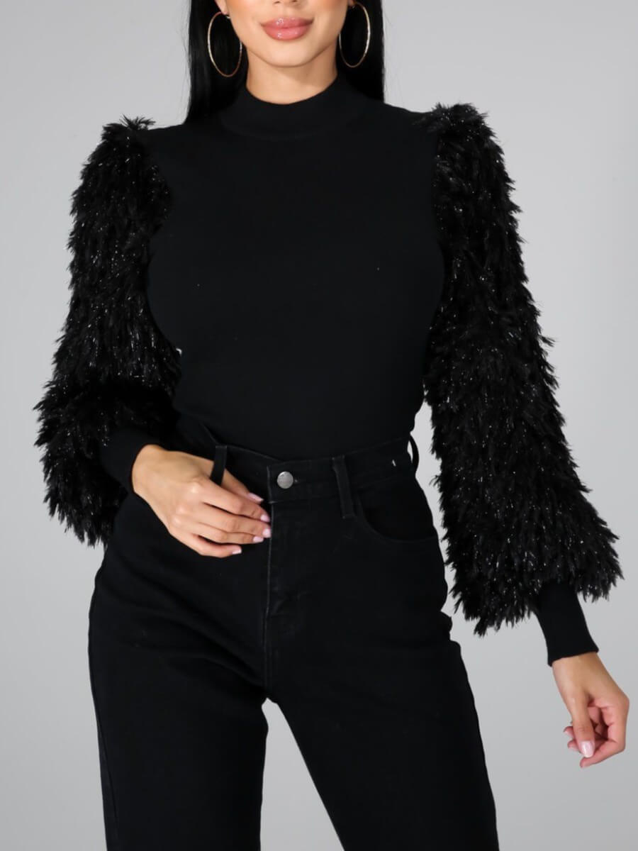 

Lovely Street Turtleneck Tassel Design Black T-shirt