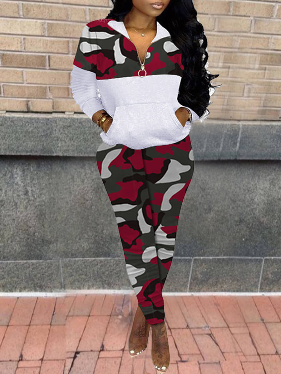 

Lovely Sportswear Turndown Collar Camo Print Patchwork Red Two Piece Pants Set
