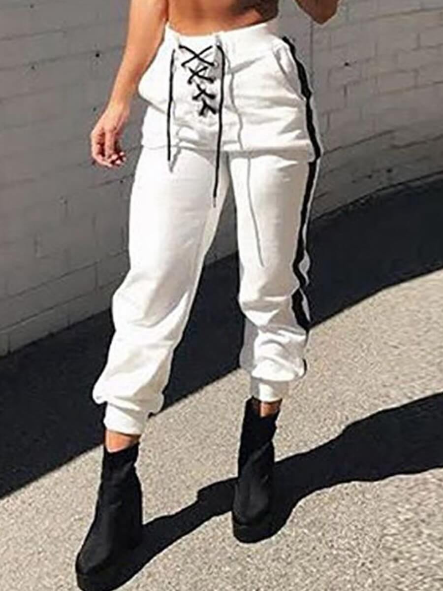 

Lovely Casual Bandage Design Patchwork White Pants