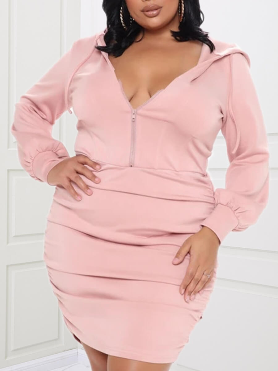 

Lovely Casual Hooded Collar Zipper Design Pink Mini Plus Size Dress